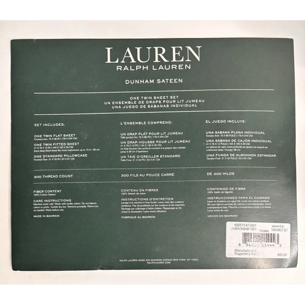 NEW Ralph Lauren Dunham Sateen 100% Cotton Twin Size Sheet Set White *READ